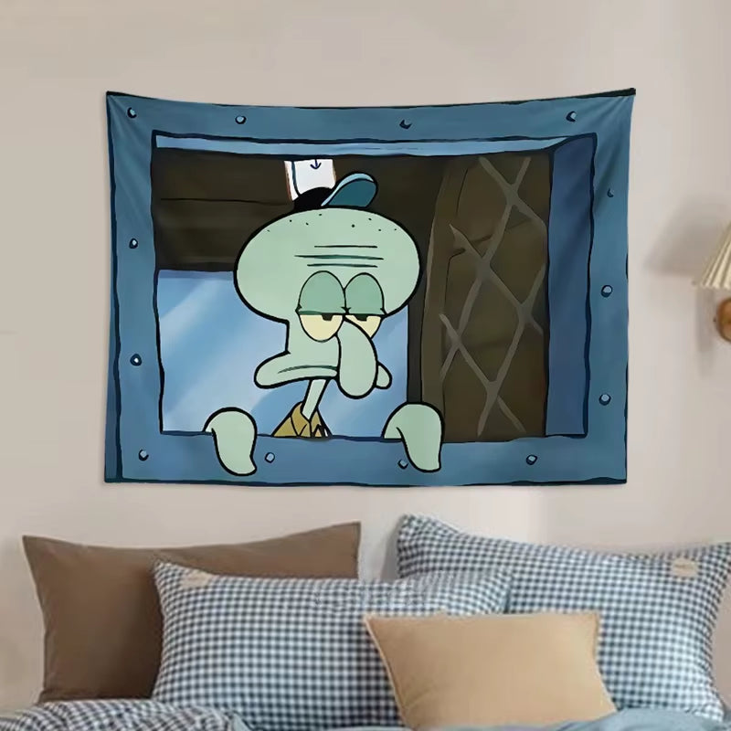 Octopus Brother Spongebob Squarepants Cartoon Hanging Cloth Bedroom Wall Decoration Background Cloth Cute and Funny Tapestry