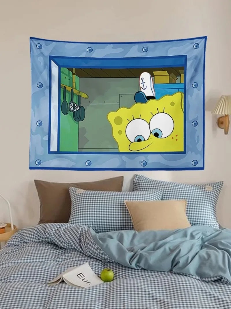 Octopus Brother Spongebob Squarepants Cartoon Hanging Cloth Bedroom Wall Decoration Background Cloth Cute and Funny Tapestry