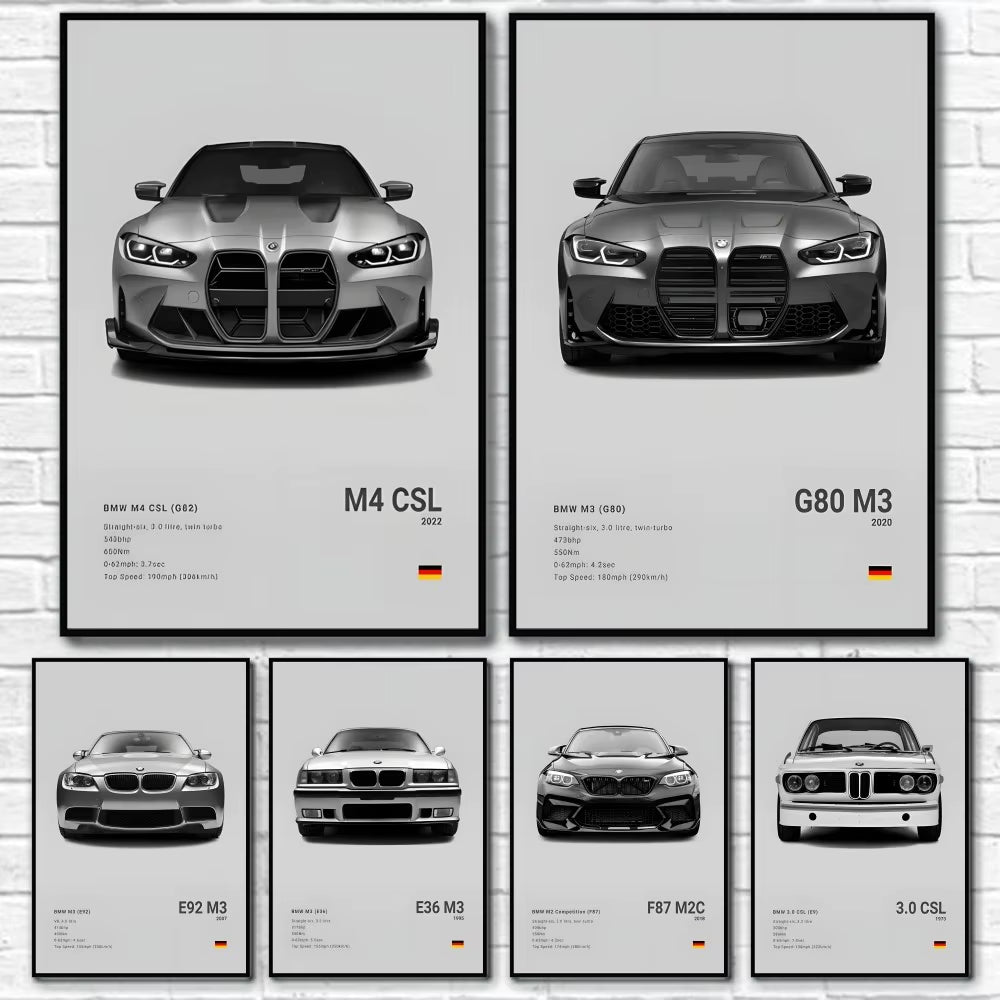 Famous Classic Latest Sports Car F80 M3 M4 M5 E36 EVO 3.0CSL B-BMW Poster Home Living Room Wall Art Garage Room Decor